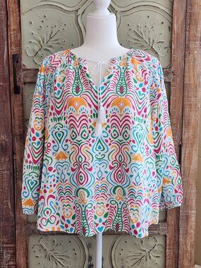 *NWT* Calligraphie Vibrant Washable Linen Blend Top with Tassel Detail | XL